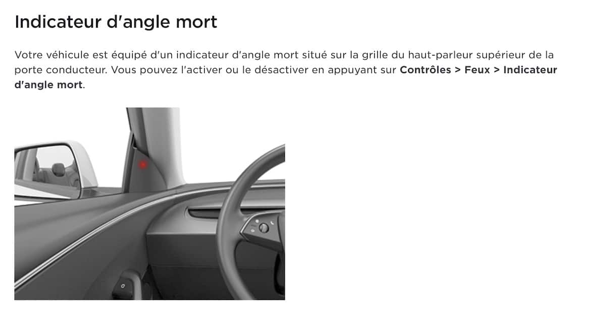 L'indicateur d'angle mort Tesla Model 3