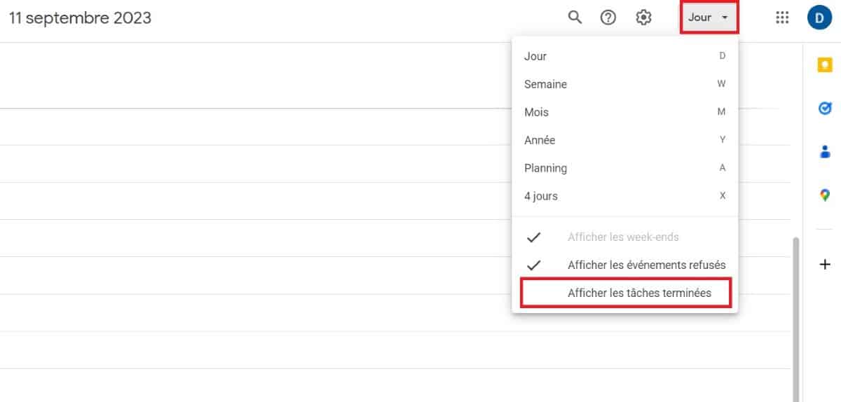 google agenda tâches terminées 