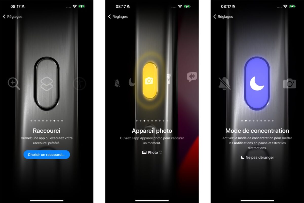 L'interface de personnalisation du Bouton Action, dans iOS 17, sur l'iPhone 15 Pro Max.