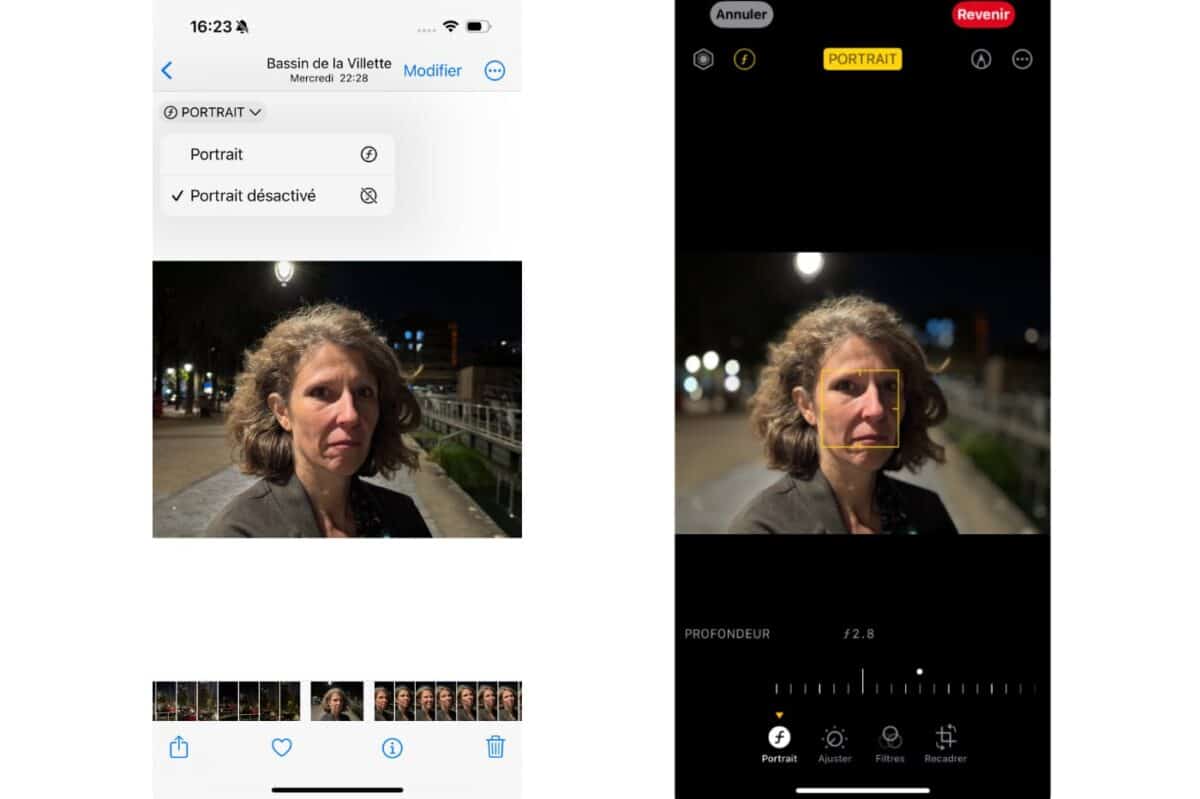 iPhone 15 Pro : Interface de modification des réglages des portraits.