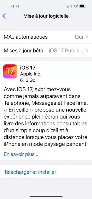 iOS 17 télécharger installer mise à jour iPhone