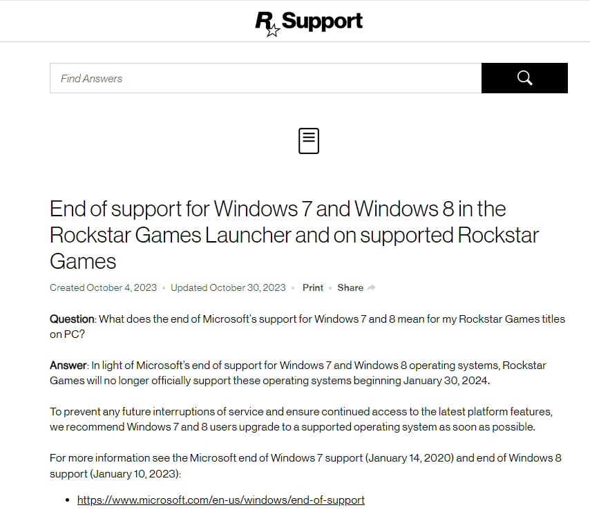 Rockstar arrête le support de Windows 7 et Windows 8