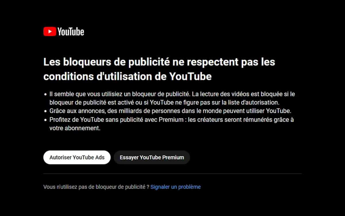 Interdiction bloqueur de pub YouTube