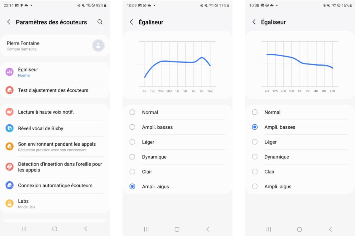 Interface de l'égaliseur de l'application Galaxy Wearable, de Samsung.