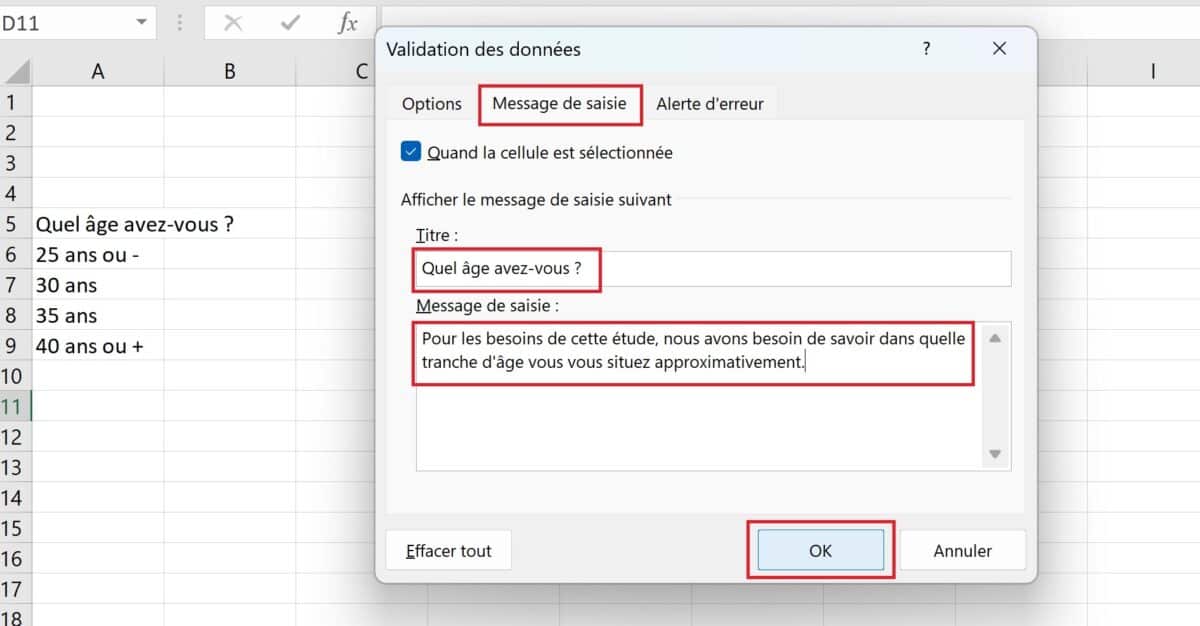 Message de saisie liste déroulante Excel