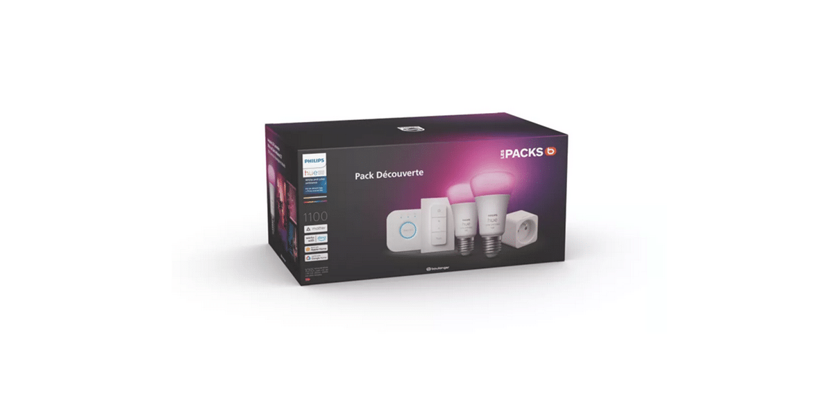 Darty : pack découverte Philips Hue 2 ampoules + pont + interrupteur + prise  connectée à 119,99 €