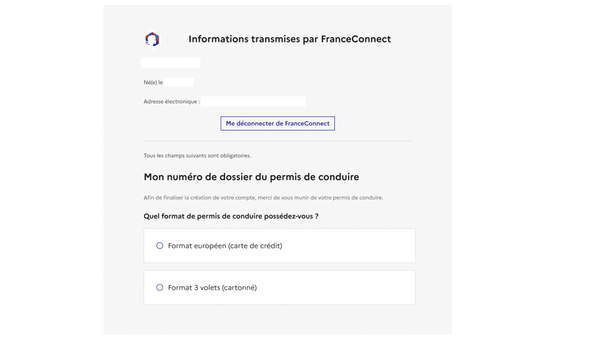 Connexion FranceConnect permis de conduire 