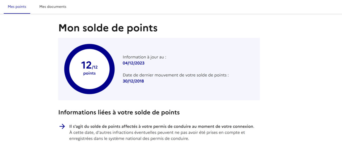 Solde de points permis de conduire