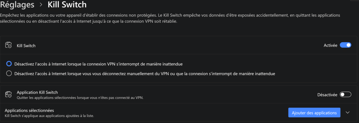 Réglages Kill Switch NordVPN