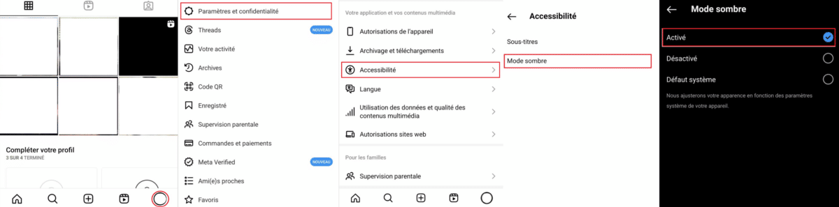 Activer mode sombre Instagram Android