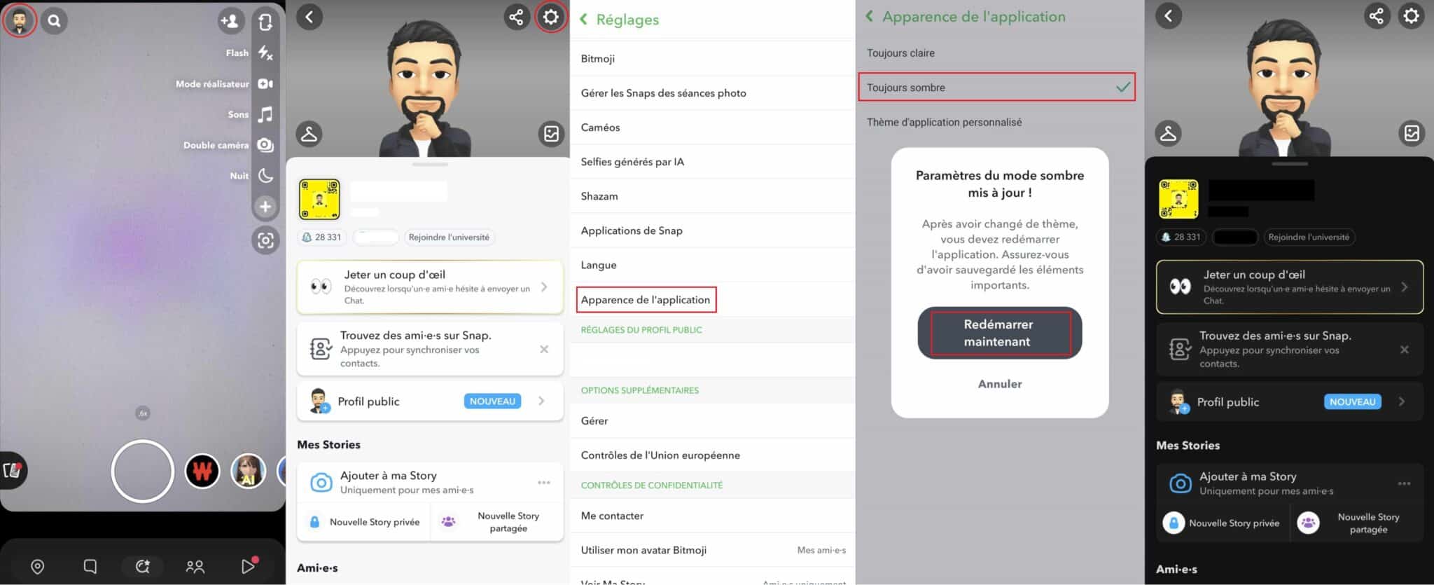 Mode sombre Snapchat Android