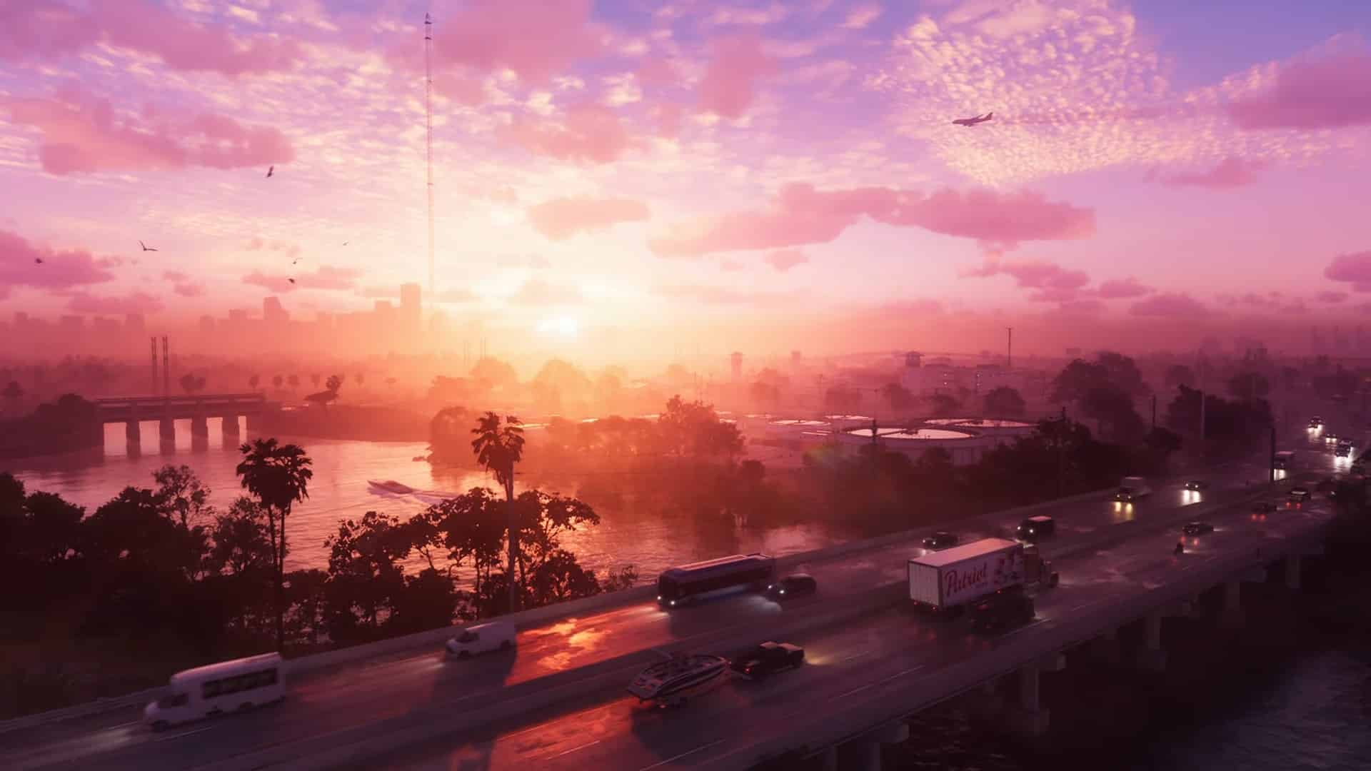 La ville de Vice City sous un beau coucher de soleil dans GTA 6