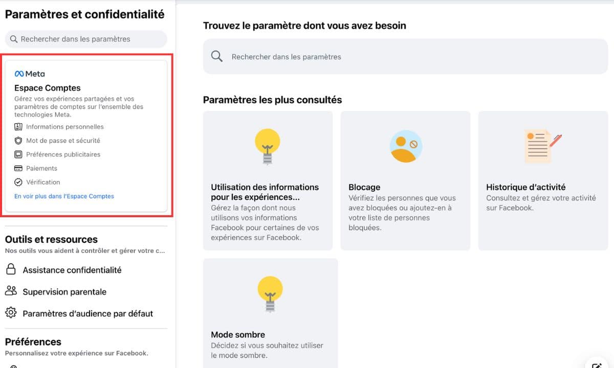 accéder espace compte facebook
