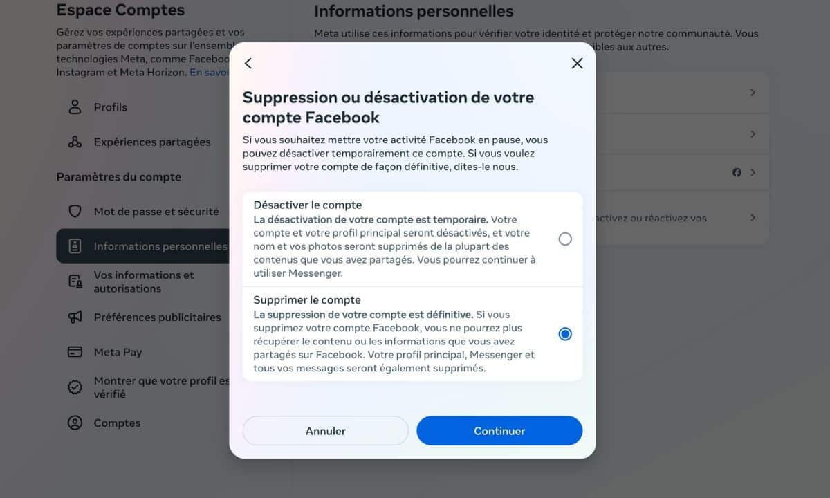 désactivation compte facebook