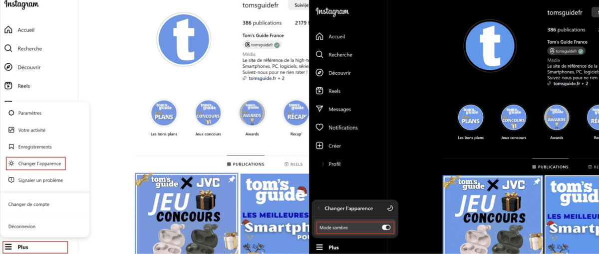 Mode sombre Instagram navigateur