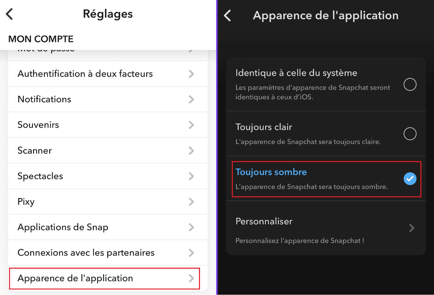 Mode sombre Snapchat iOS