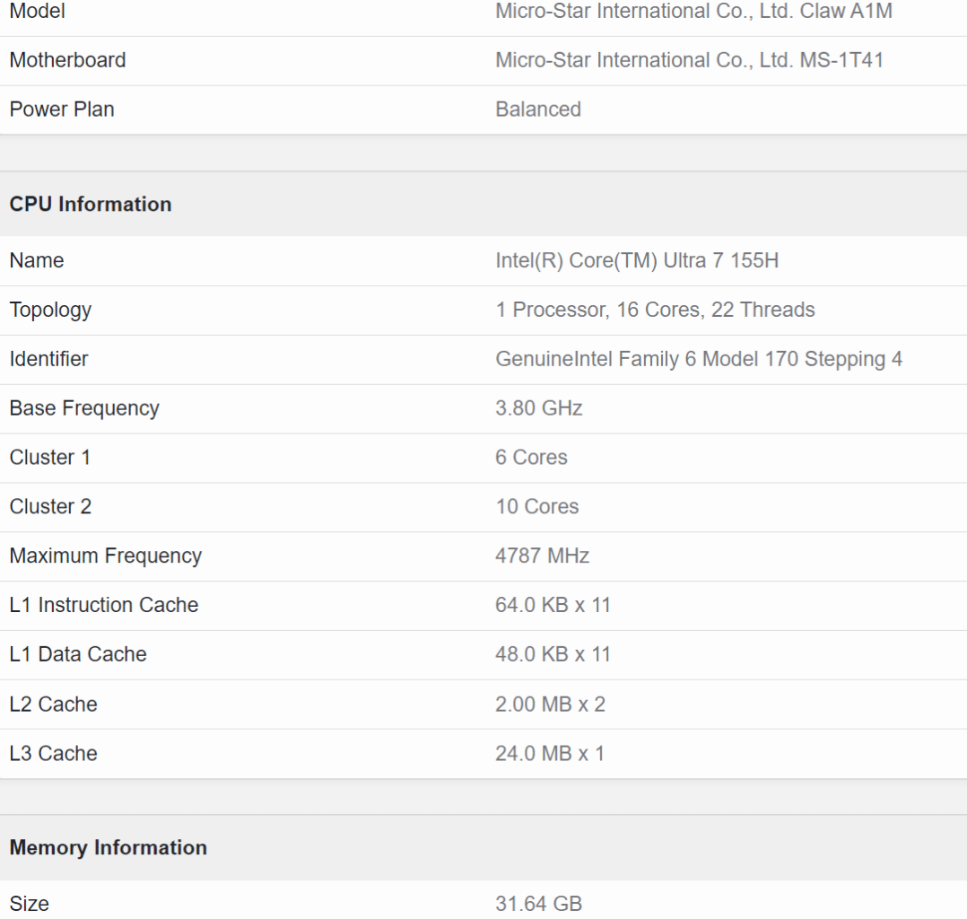 MSI CLAW console portable CES 2024 fuite leak caractéristiques fiche technique Intel