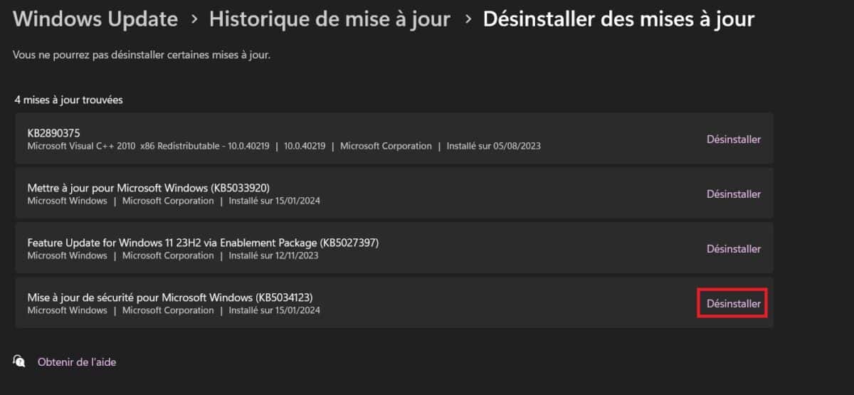 KB5034123 windows 11 mise à jour désinstaller 