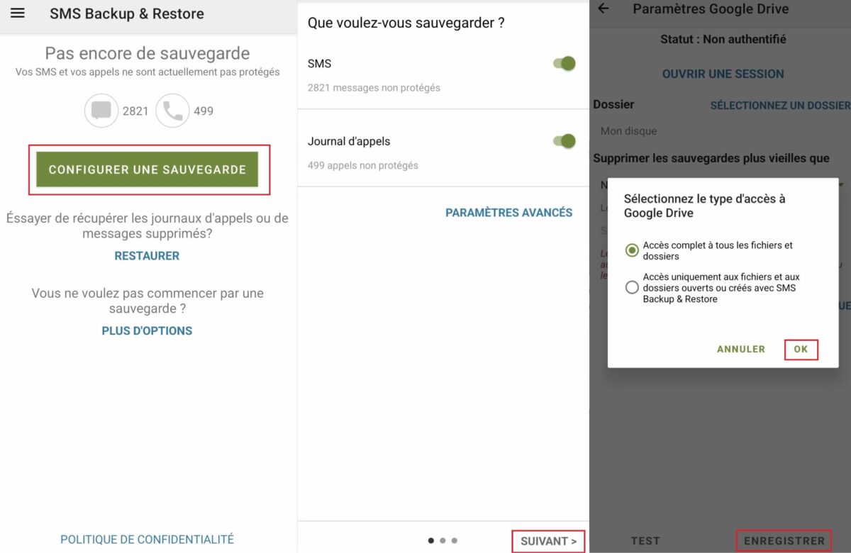 Premières étapes sauvegarder SMS sur Android