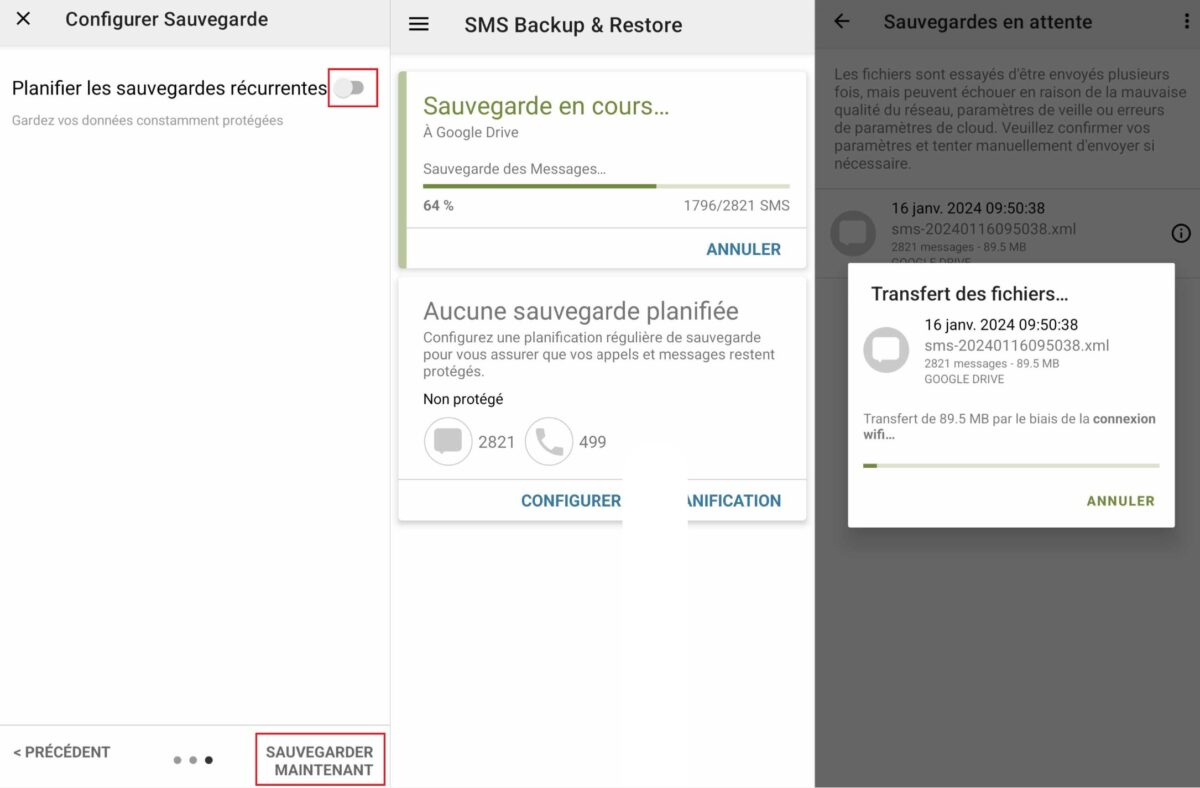 Secondes étapes sauvegarder SMS sur Android