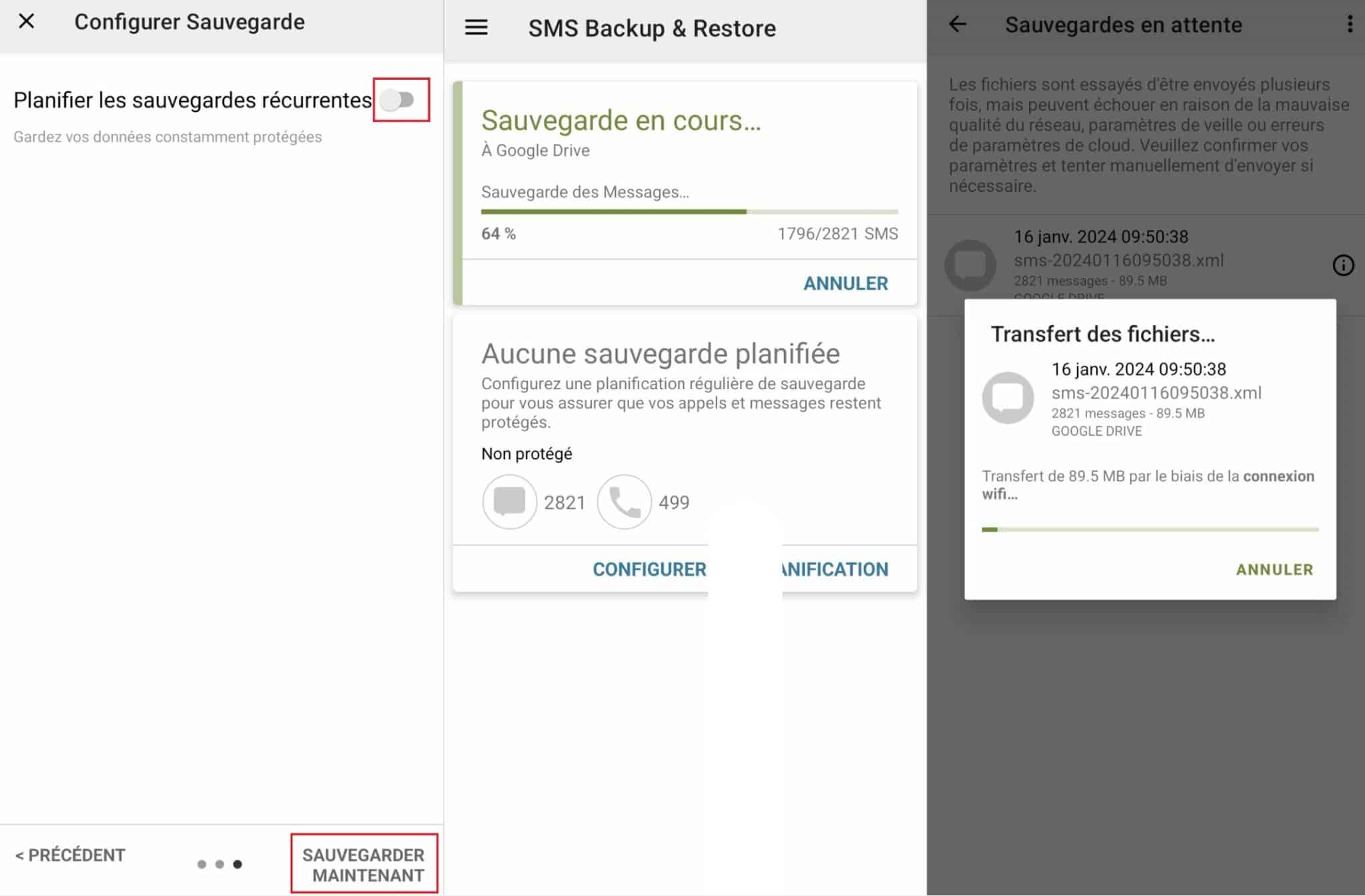 Secondes étapes sauvegarder SMS sur Android