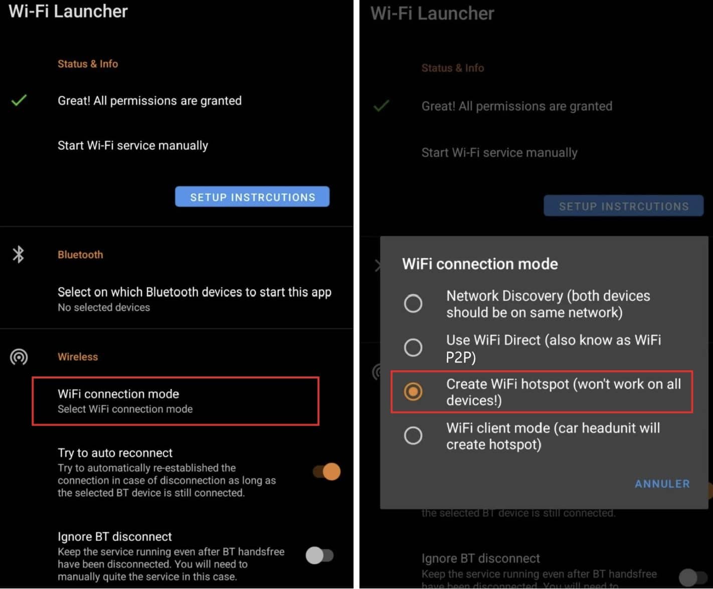 Wi-Fi Launcher Wi-Fi mode