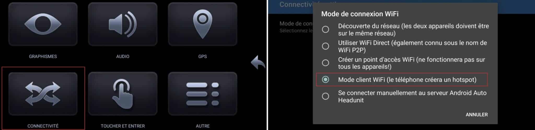 Connectivité et mode wlient Wi-Fi Headunit Reloaded