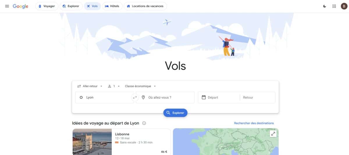 Google Flights page d'accueil