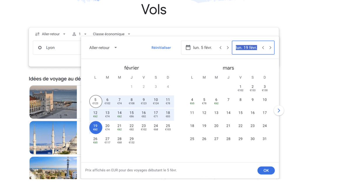 Calendrier meilleurs prix Google Flights