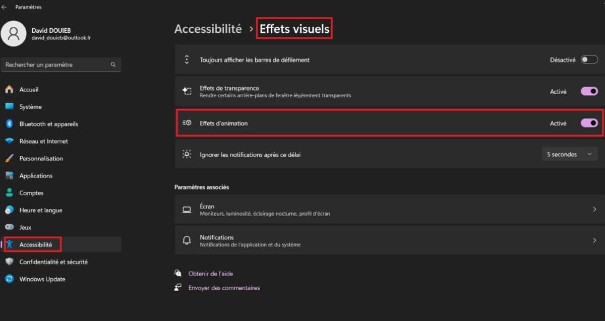 windows 11 effets visuels désactiver 