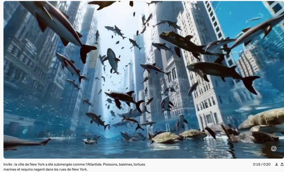 Monde imaginaire créé par Sora où les requins flottent dans la ville de New York