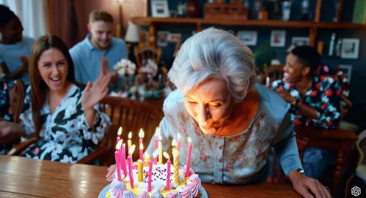Grand mère qui souffle ses bougies créé par l'IA Sora