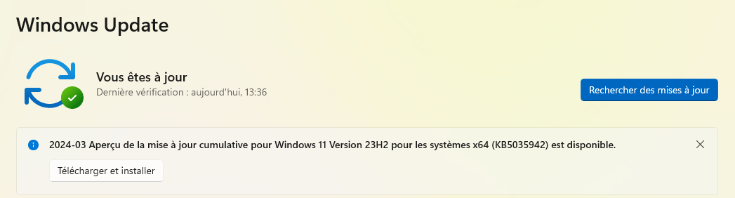 Windows 11 problème mise à jour amd puces KB5035942 télécharger installer