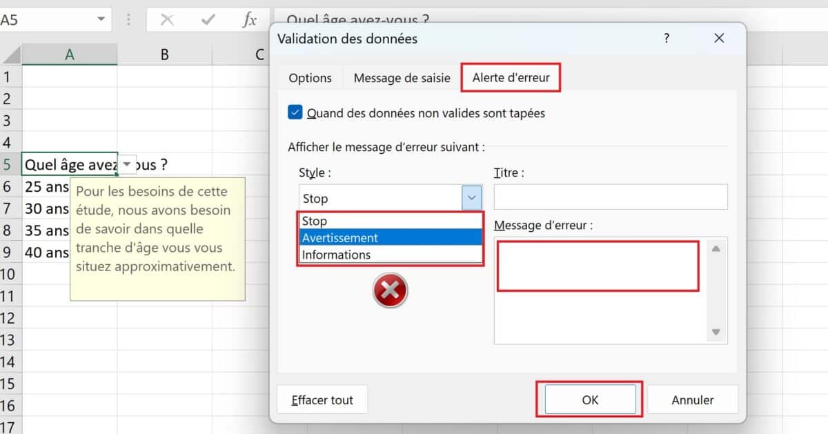 Alerte d'erreur liste déroulante Excel