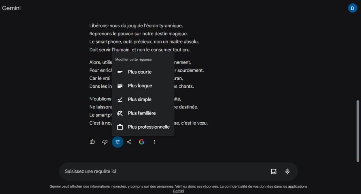 google gemini IA ton réponses modifier 
