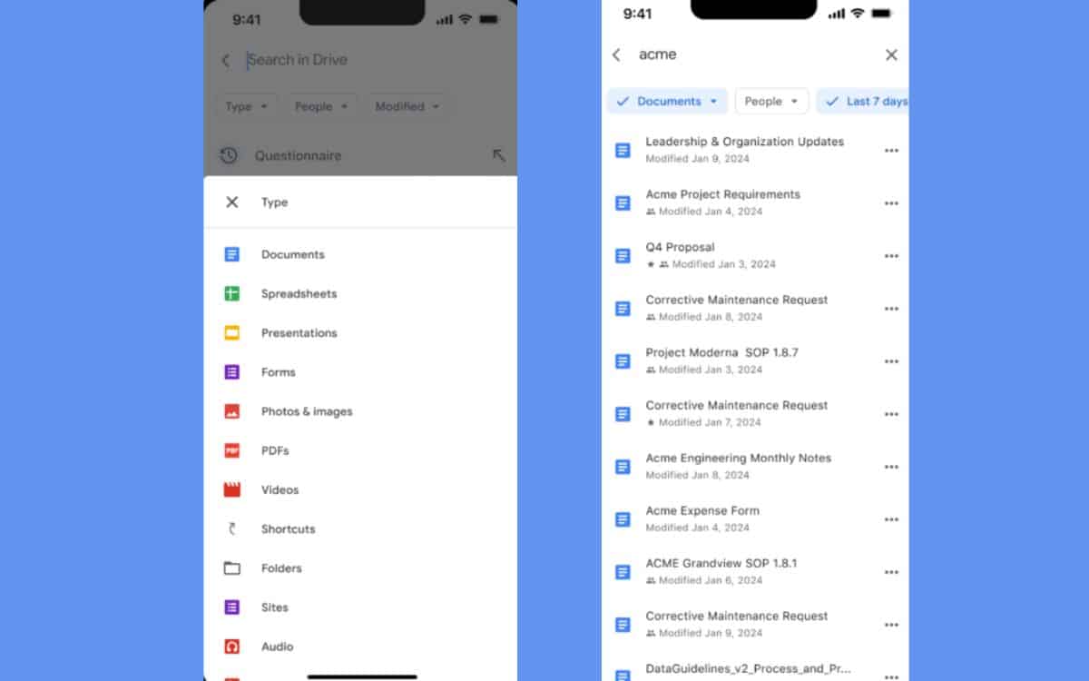 google drive recherche filtres ios 