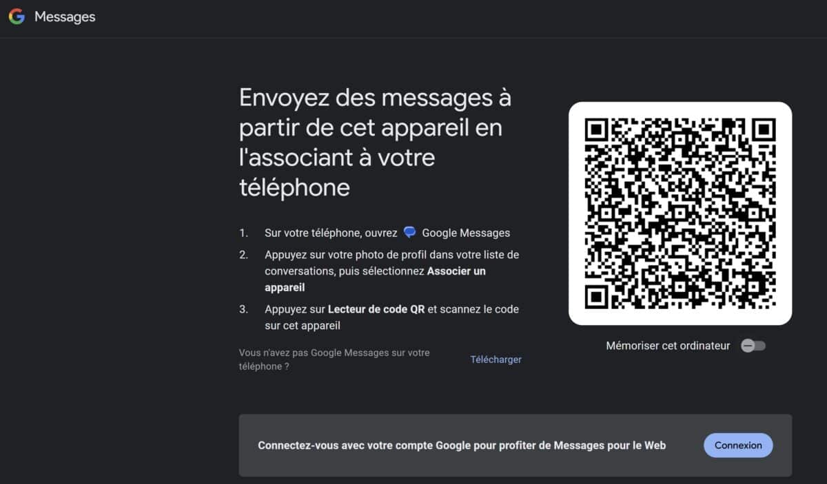 code QR pour Google Messages pour le web