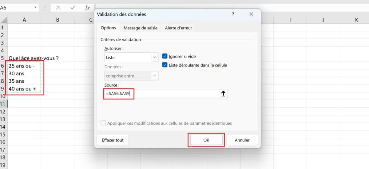 Sélectionner les cellules à la souris pour la liste Excel