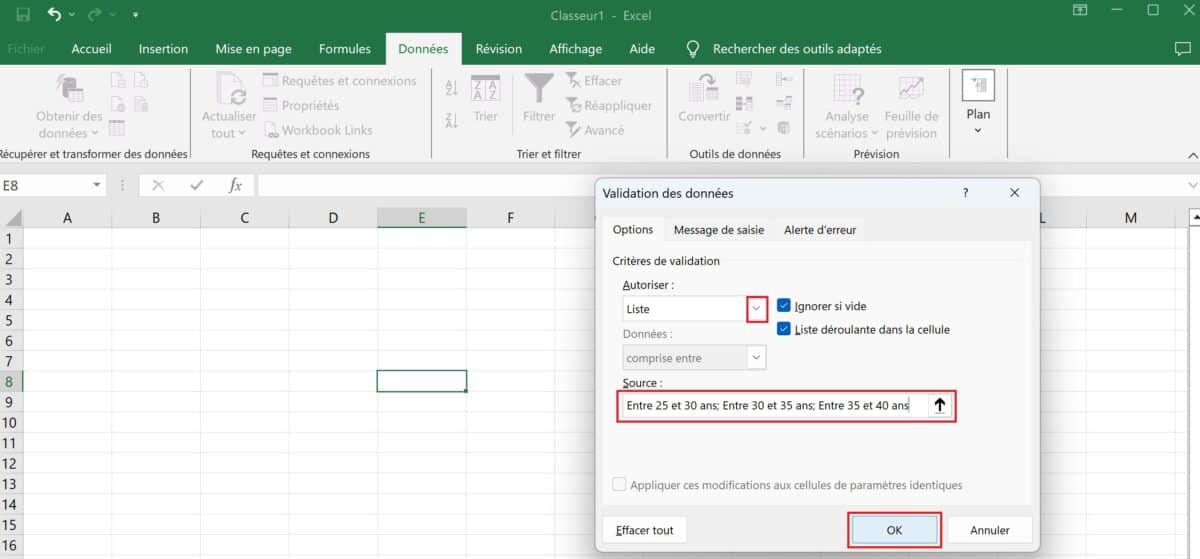 Validation des données liste déroulante Excel