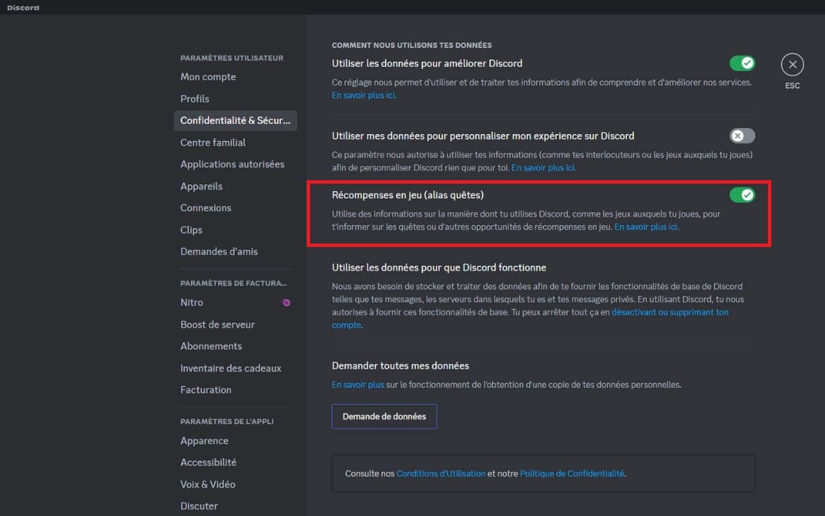 Discord pub désactiver quêtes