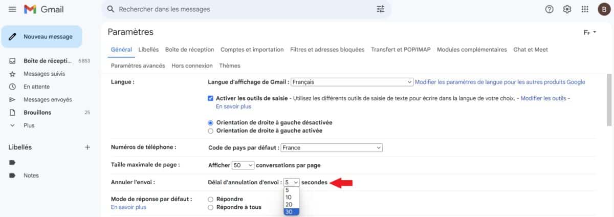 Changer délai annulation envoi Gmail