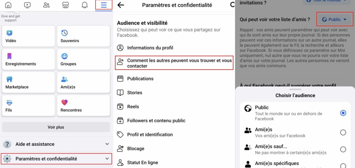 Cacher liste d'amis sur Facebook application mobile