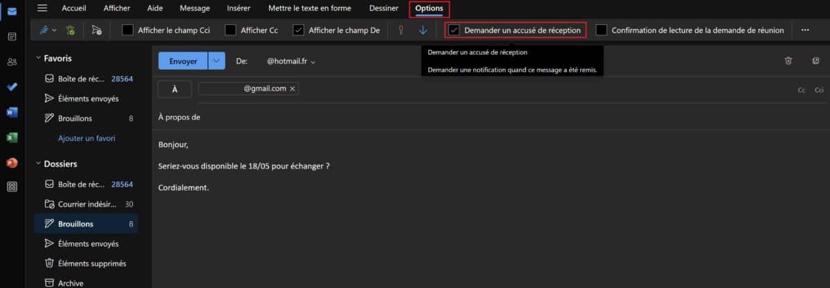Demander un accusé de réception Outlook
