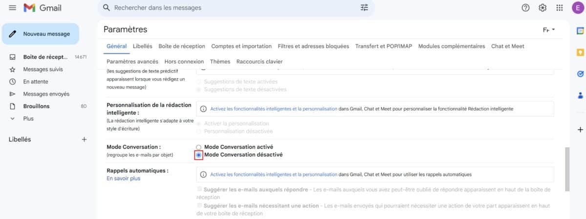 Désactiver mode conversation Gmail