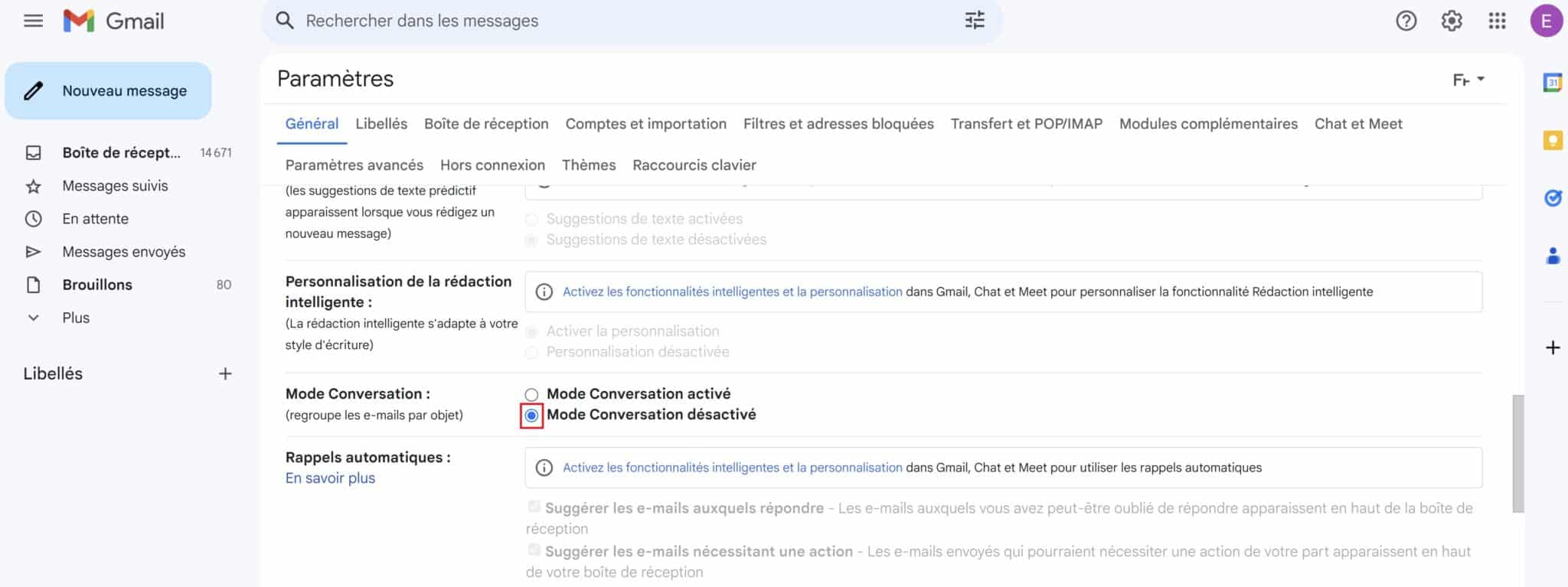 Désactiver mode conversation Gmail