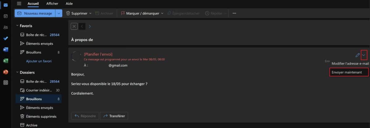 Envoyer maintenant un mail planifié dans Outlook