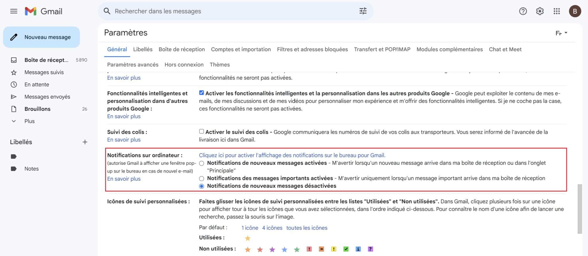 Notifications de bureau Gmail