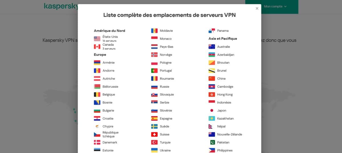 Kaspersky VPN Secure emplacements serveurs