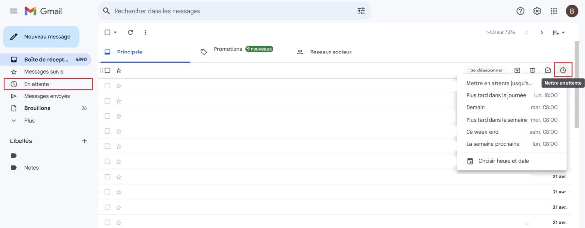 Mettre en attente un mail dans Gmail