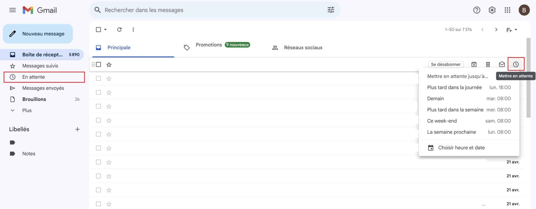 Mettre en attente un mail dans Gmail